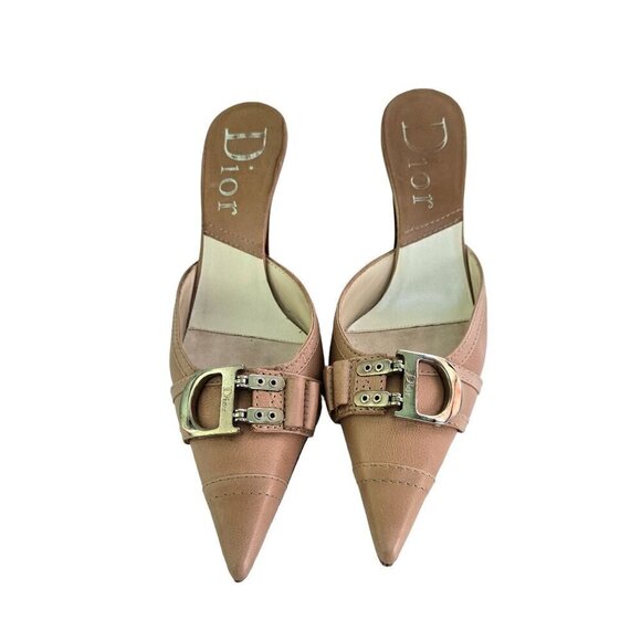 Dior Stunning Tan Leather Pointed Toe Logo Buckle Mules Size 37.5 - Picture 3 of 10